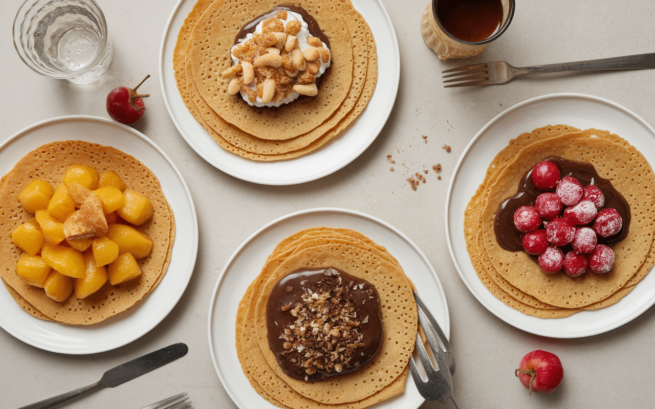 Crepe sarrasin sucre avec garnitures fruits chocolat noisettes