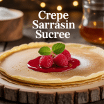 Crepe sarrasin sucre sur assiette bois avec miel et fruits