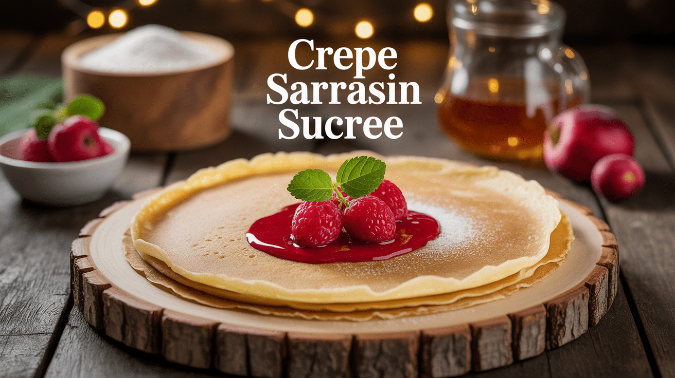 Crepe sarrasin sucre sur assiette bois avec miel et fruits