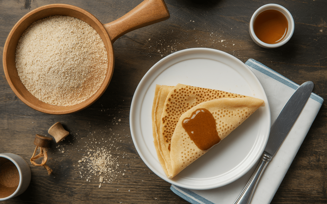 Crêpe sarrasin sucre pliée avec miel sur table bois