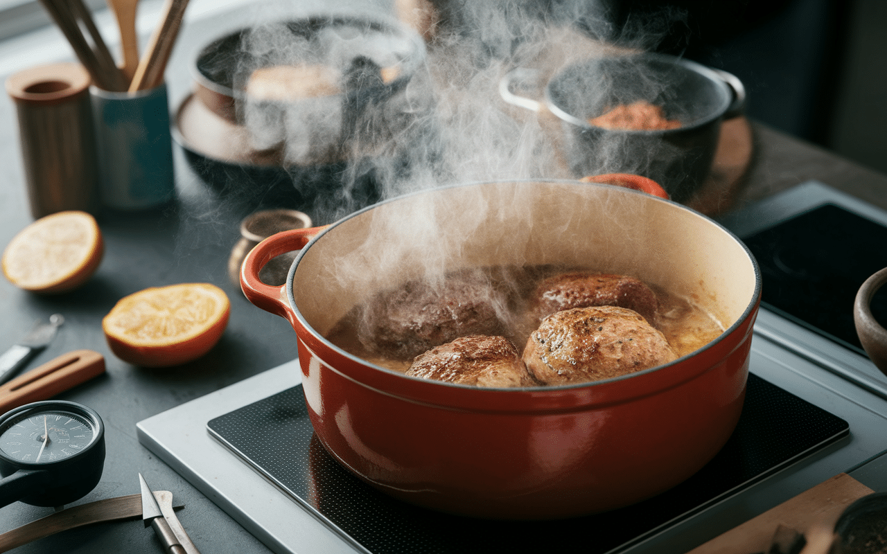 Cuisson boeuf braisé aux carottes en cocotte préparation