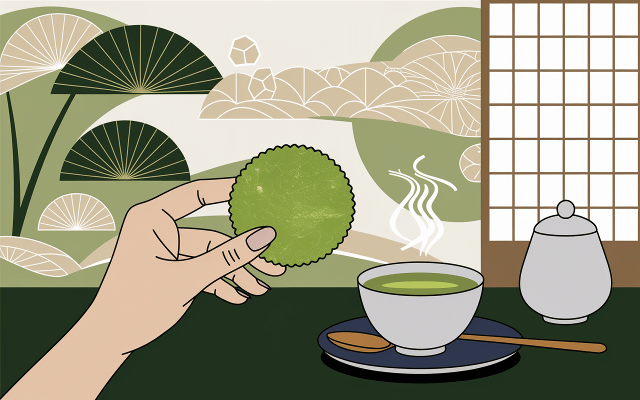 Mains tenant un matcha biscuit avec tasse de thé et motifs japonais