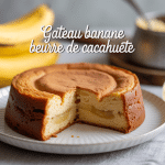 Gateau banane beurre de cacahuete tranche sur assiette texture doree