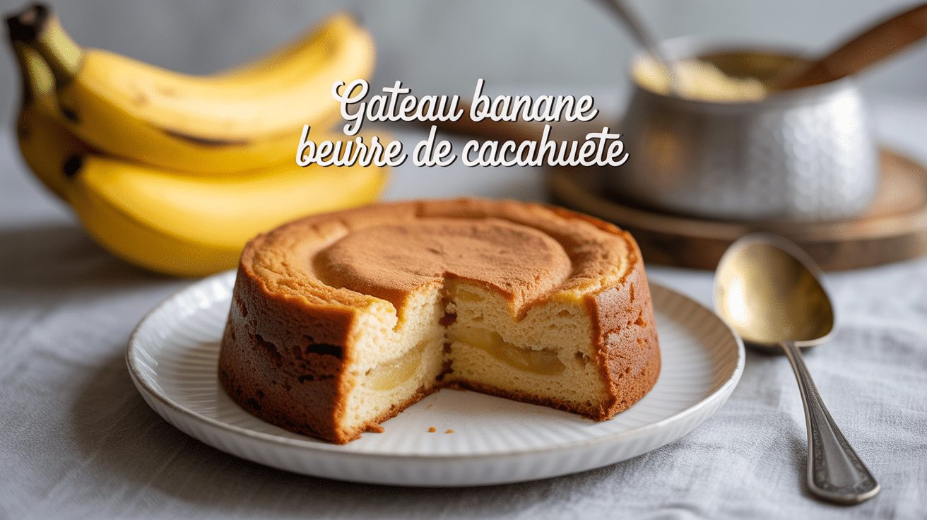 Gateau banane beurre de cacahuete tranche sur assiette texture doree