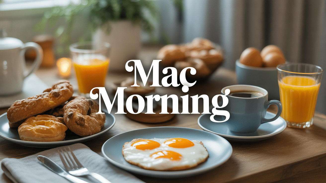 table mac morning avec viennoiseries cafe jus et oeufs