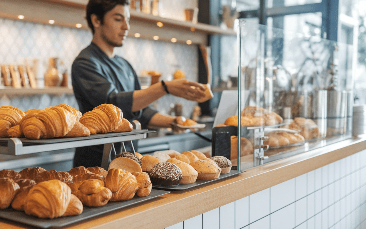 comptoir mac morning avec viennoiseries et clients