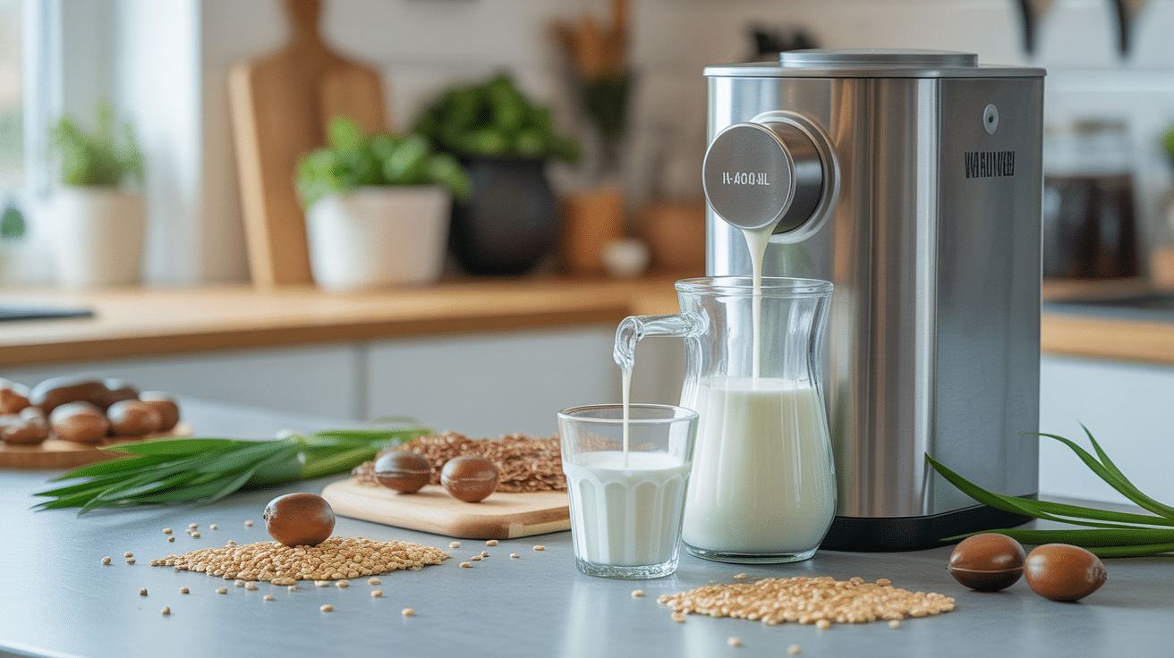 machine à lait végétal en inox avec noix et lait crémeux