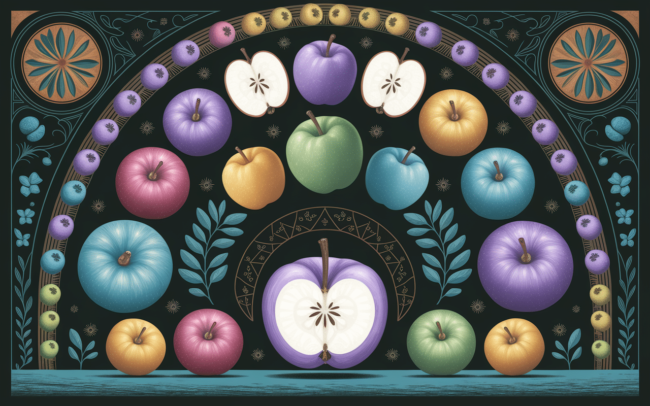 Illustration de pommes bleues et violettes arc-en-ciel