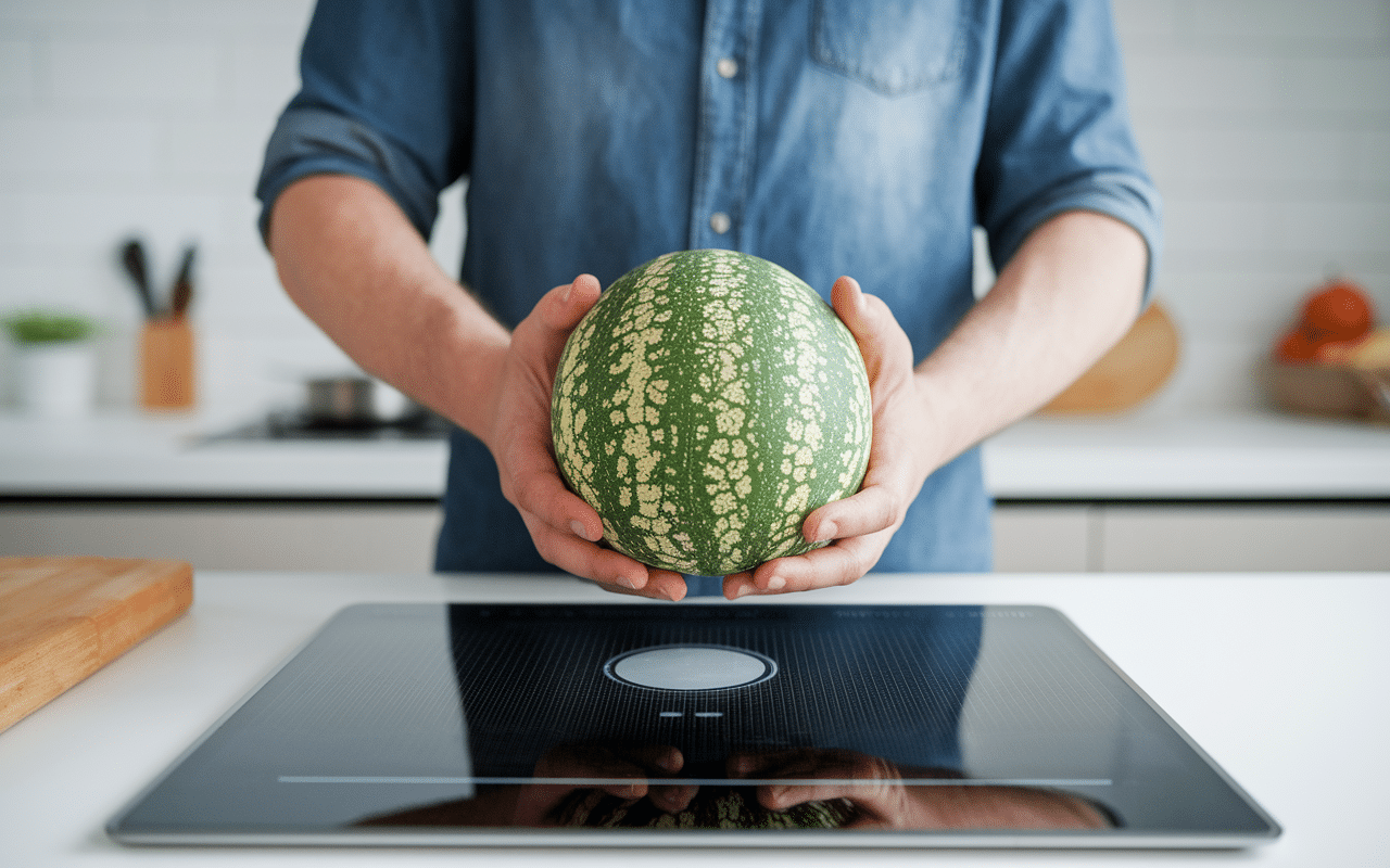 Pesée poids melon sur balance cuisine