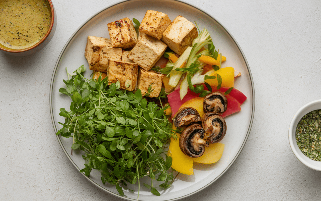 Assiette pierrade accompagnement tofu légumes salade