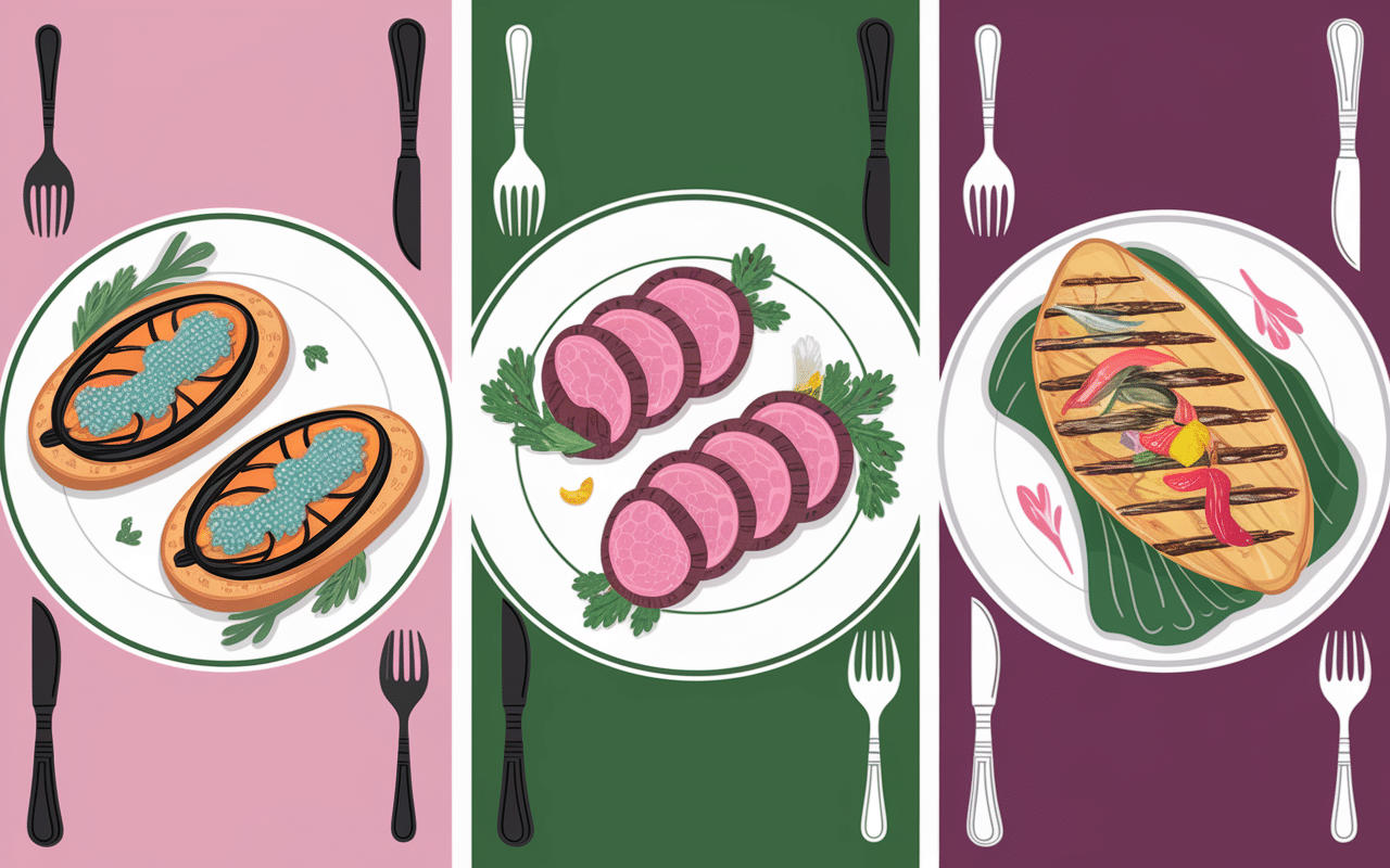 assiettes plats en i aubergine grillée roulade poisson