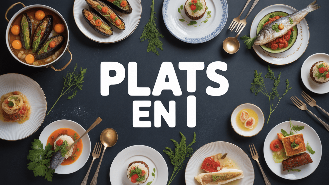 table avec plats en i iles flottantes poisson grillé aubergine