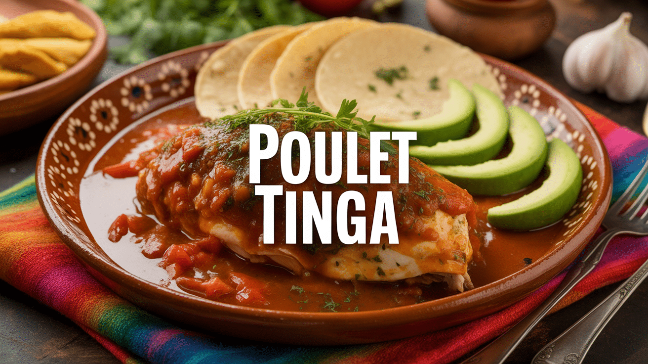 Poulet tinga effiloché dans sauce tomate épicée, tortillas et avocat