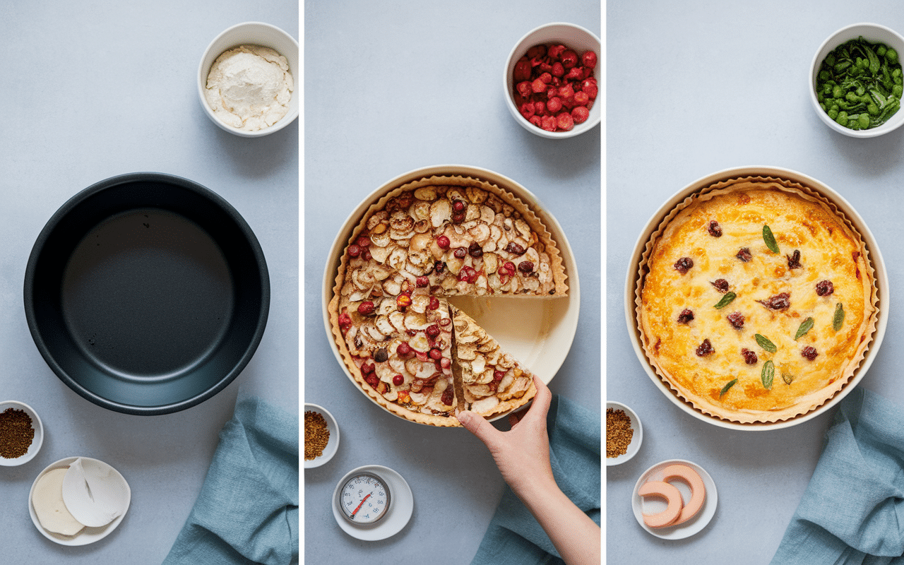 Préparation et cuisson quiche courgettes chèvre lardons