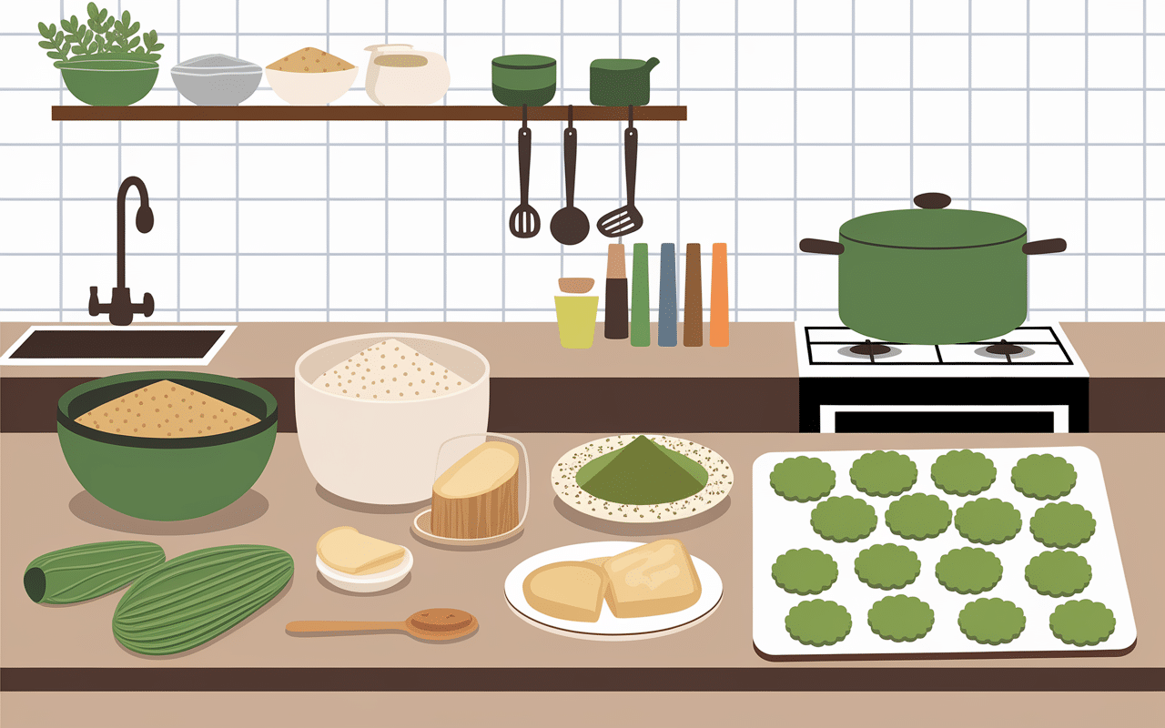 Ingrédients et préparation de matcha biscuits sur plan de travail