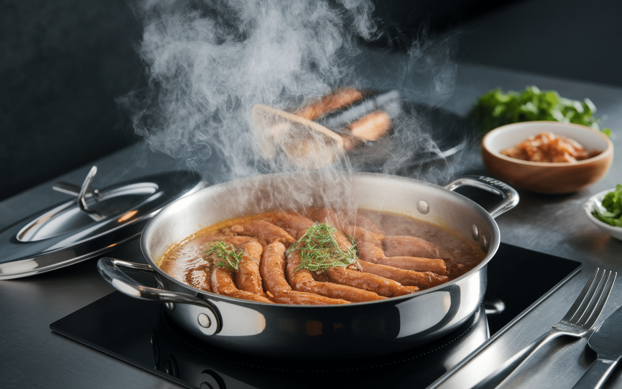 Saucisse de Montbéliard cuisson casserole eau frémissante