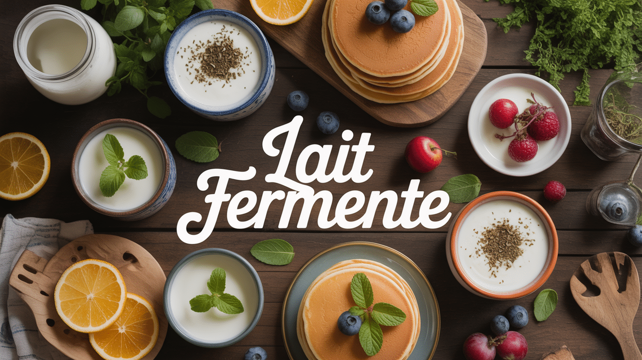 vue d ensemble produits lait fermenté et pancakes pour recette lait fermenté