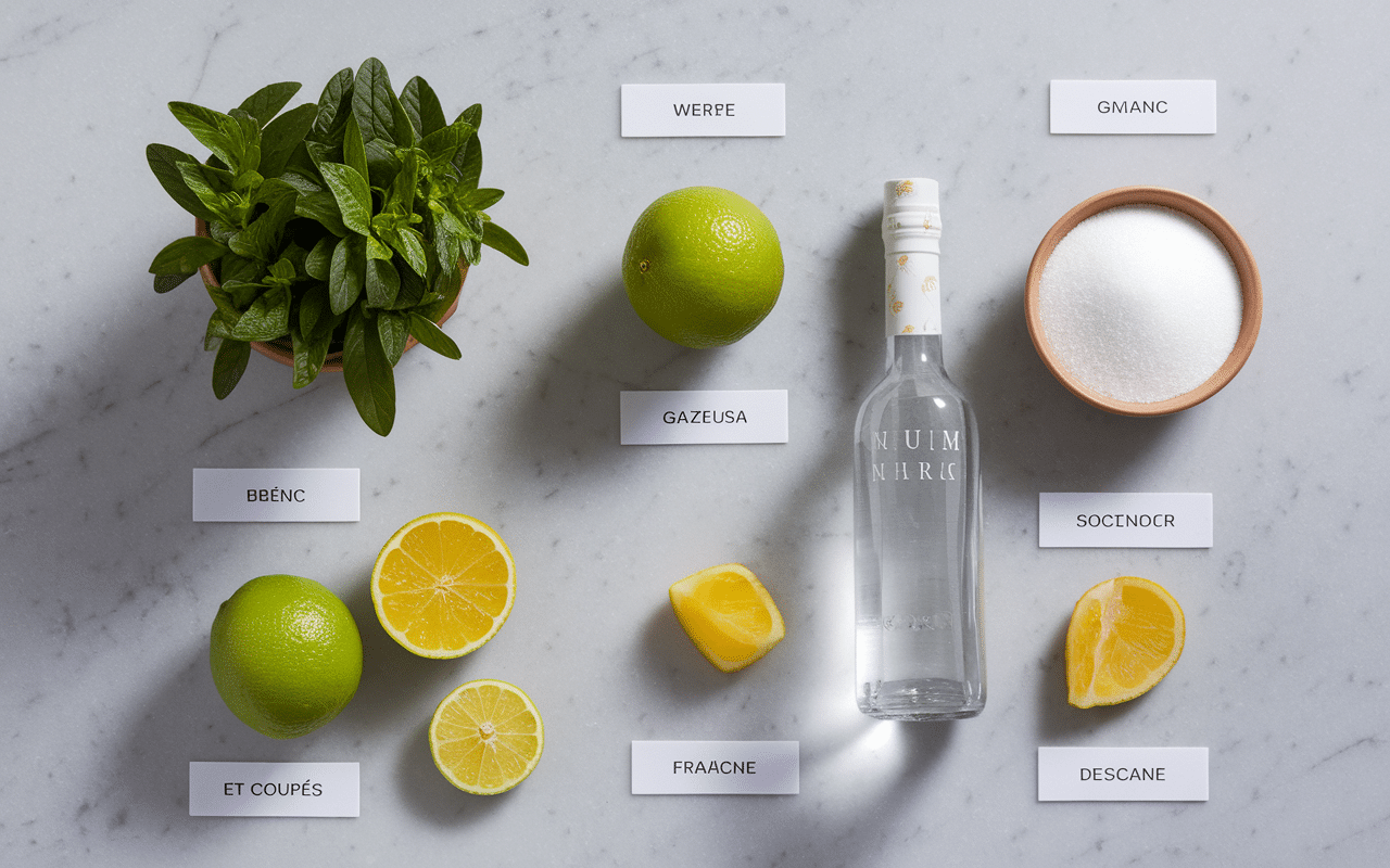 Recette mojito pour 10 personnes ingrédients sur plan de travail