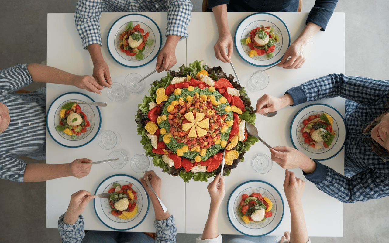 Table famille partage salade ananas surimi