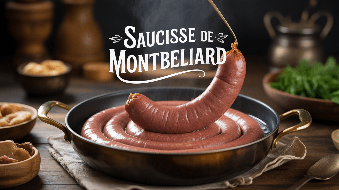 Saucisse de Montbéliard cuisson eau frémissante ambiance rustique