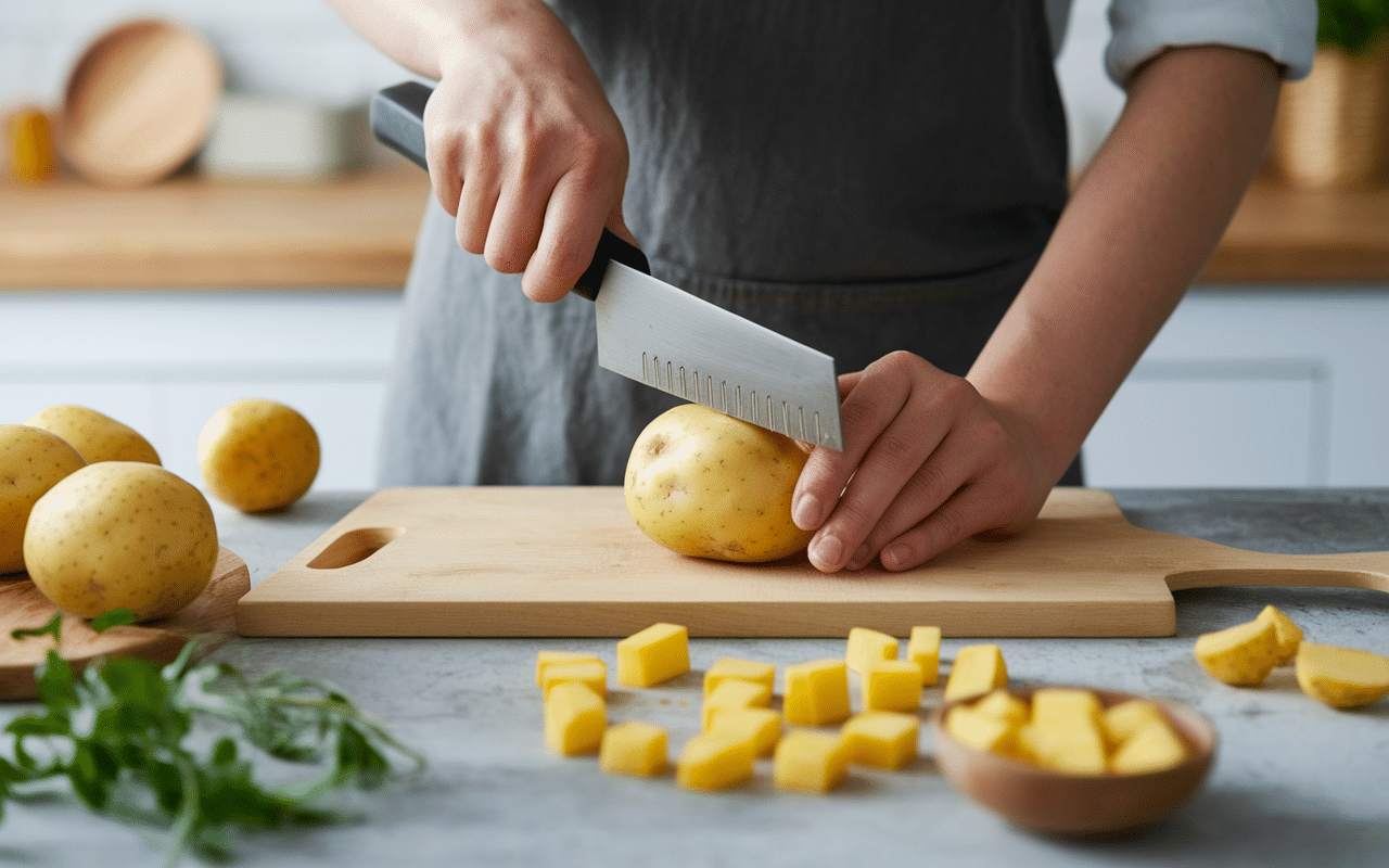 scène main utilisant coupeur de pomme de terre découpes variées