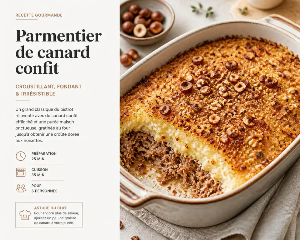 Parmentier de canard confit aux noisettes pour 10 personnes dans un plat à gratin