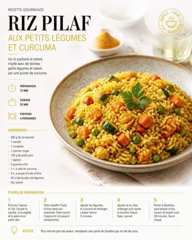 Riz pilaf aux petits légumes et curcuma en accompagnement
