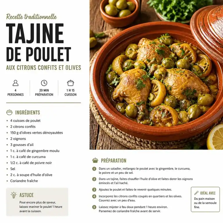 Tajine de poulet aux citrons confits et olives, plat à base de poulet savoureux et traditionnel