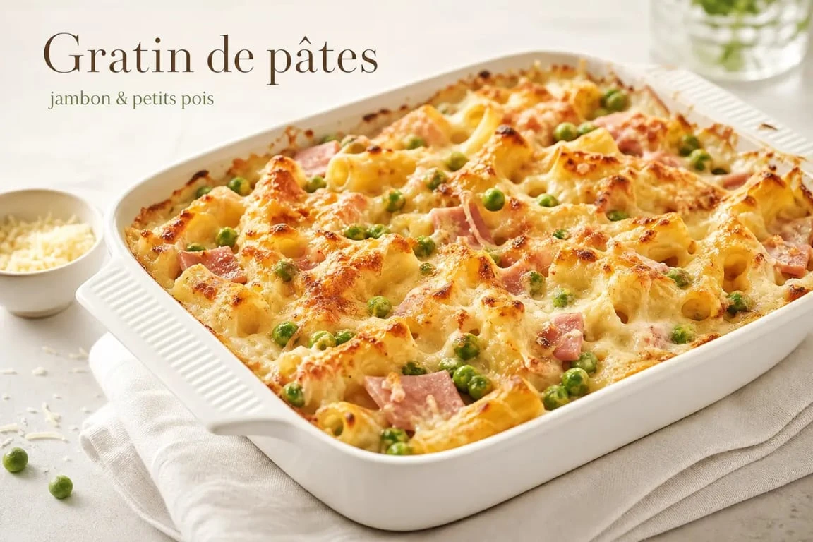 Gratin de pâtes économique au jambon et petits pois, une recette facile pas cher idéale pour un repas familial.