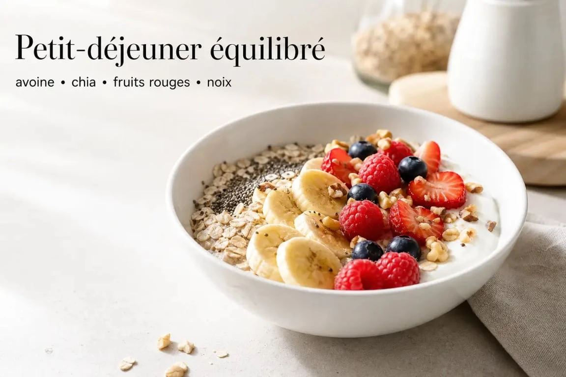 Recette petit dej équilibré recette dans un bol avoine-chia avec banane, fruits rouges et noix