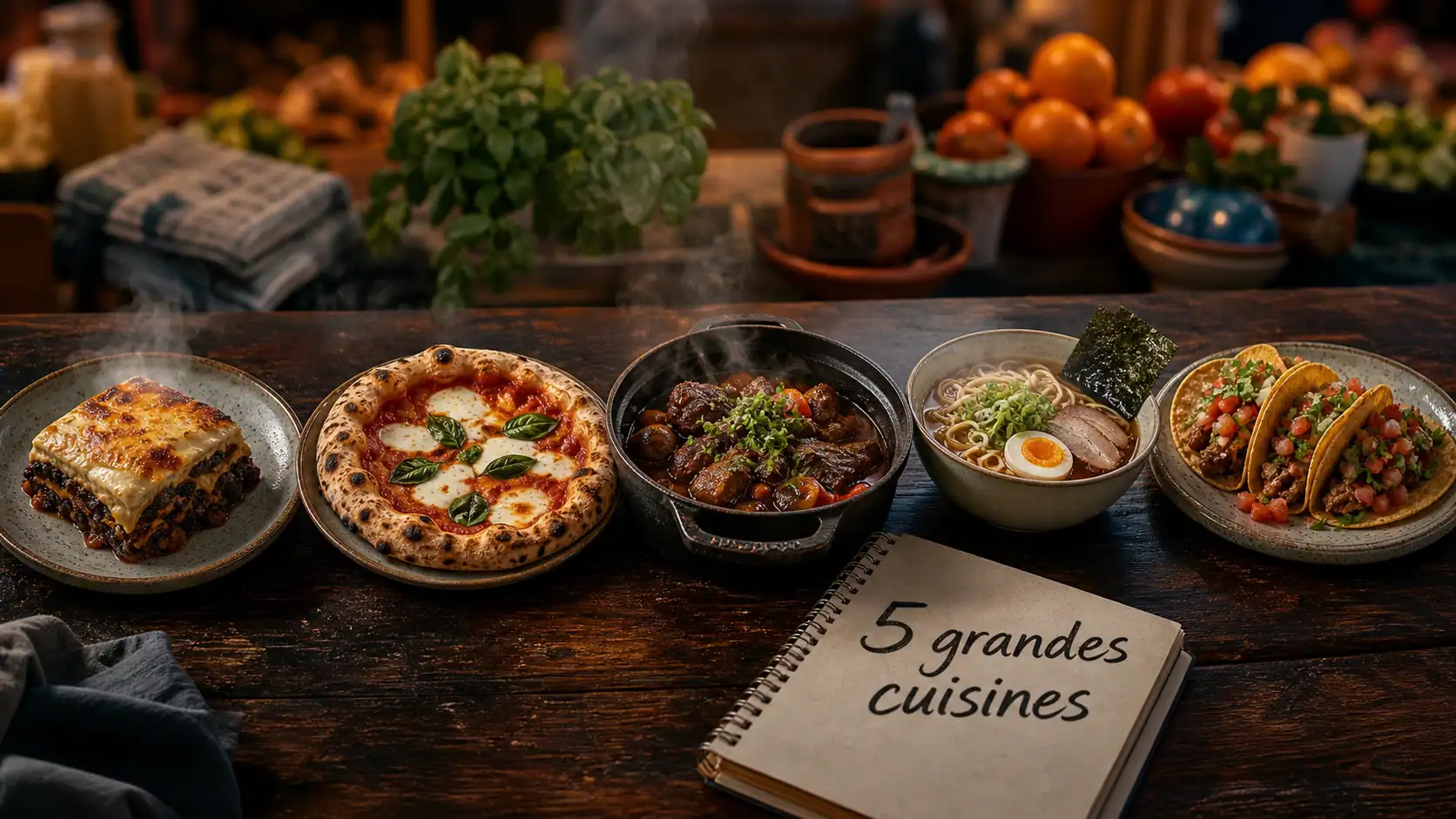 Les 5 grandes cuisines du monde : moussaka, pizza, bourguignon, ramen, tacos