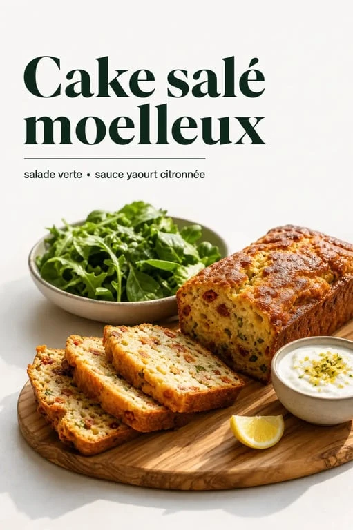 Recette salé de cake salé moelleux servi avec salade et sauce au yaourt