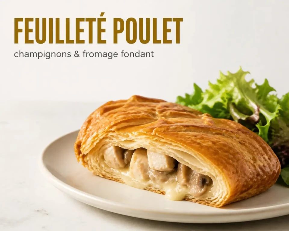 Recette avec de la pâte feuilletée : feuilleté poulet, champignons et fromage fondant doré au four