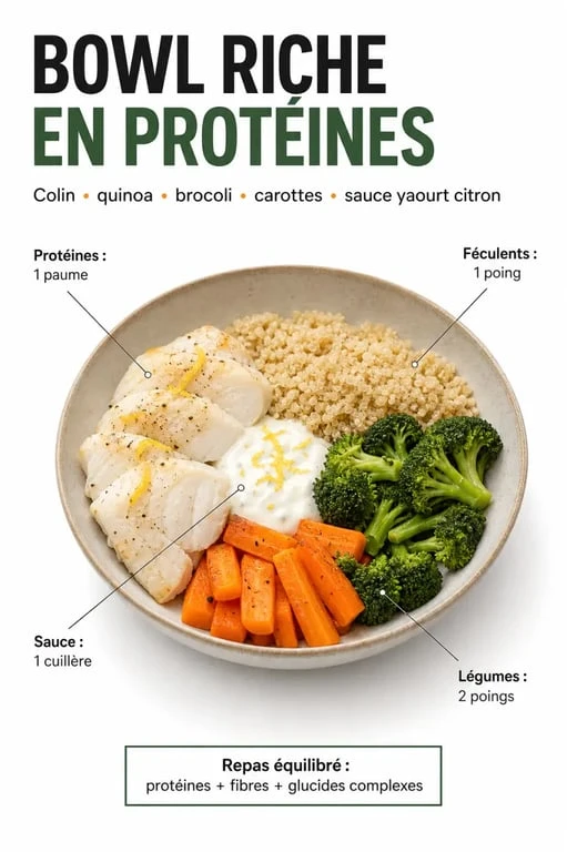 Repas riche en proteine avec bowl de colin, quinoa et légumes