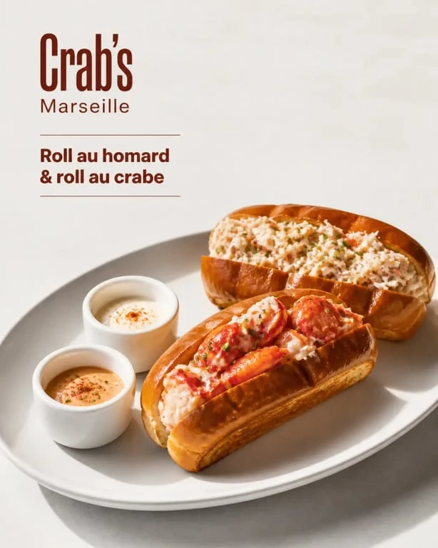 Menu de crab's : lobster roll, crab roll et sauces maison à Marseille
