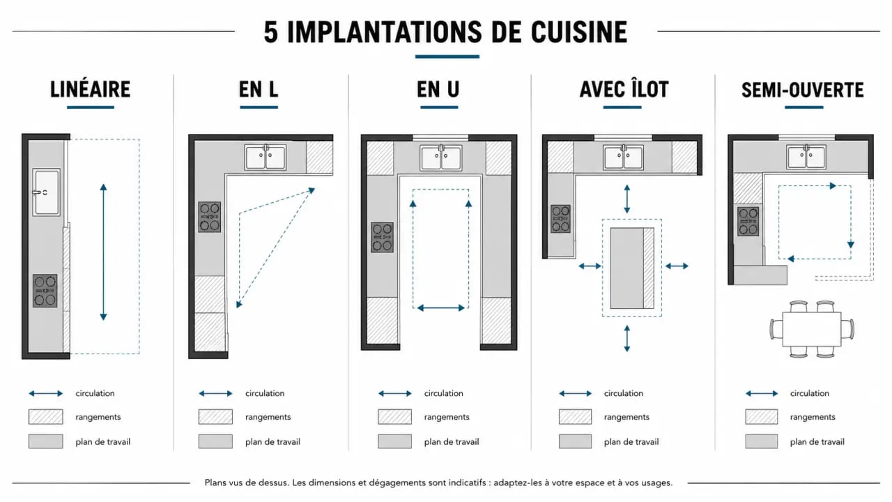 Optimiser l'espace de sa cuisine lors d'une rénovation avec schémas d'implantation et astuces de rangement