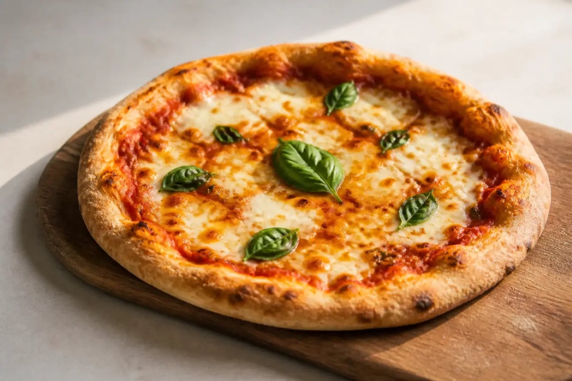 Réussir ses pizzas maison avec des ingrédients de qualité : pizza dorée et moelleuse au basilic sur planche en bois