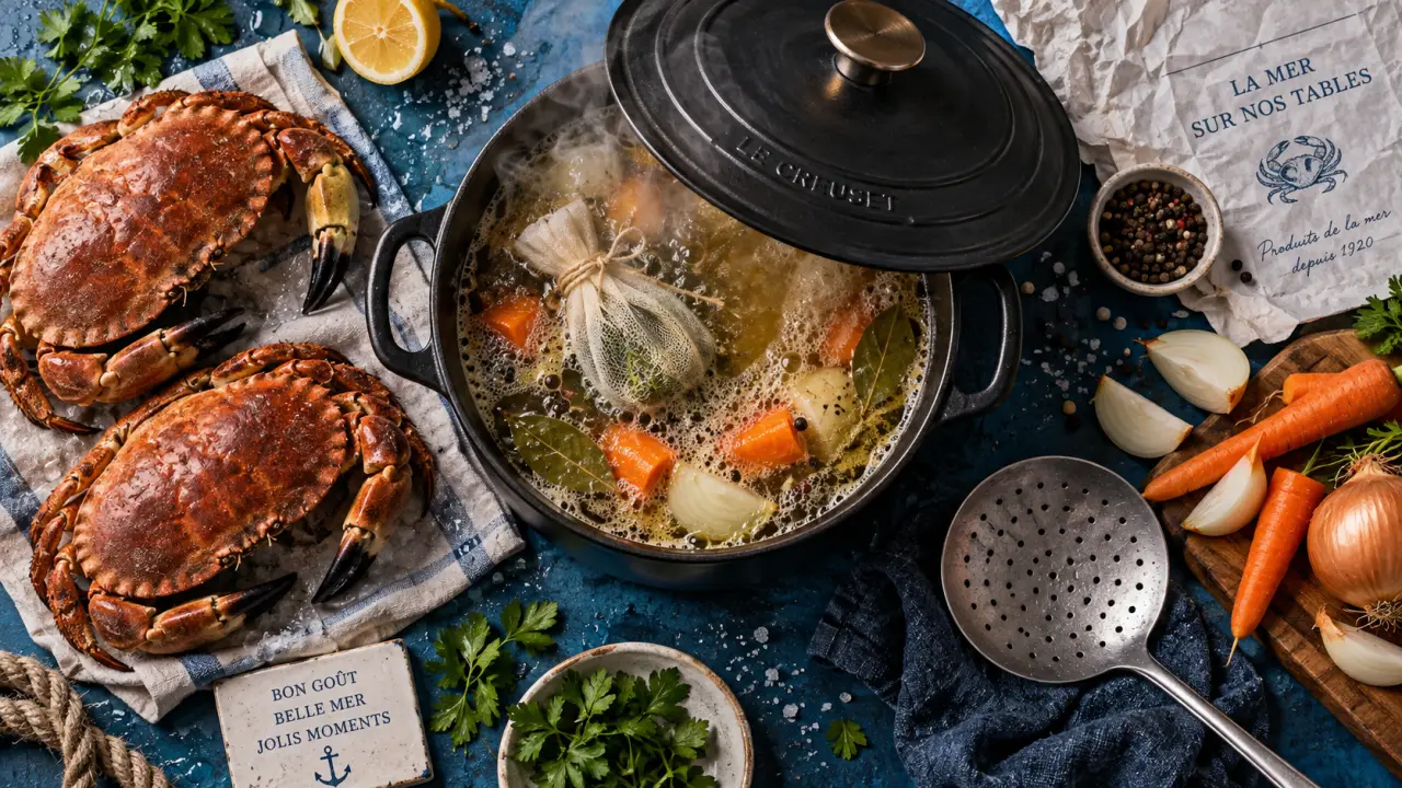 Cuisson du tourteau en marmite : 15 minutes par kilo, tourteaux vivants