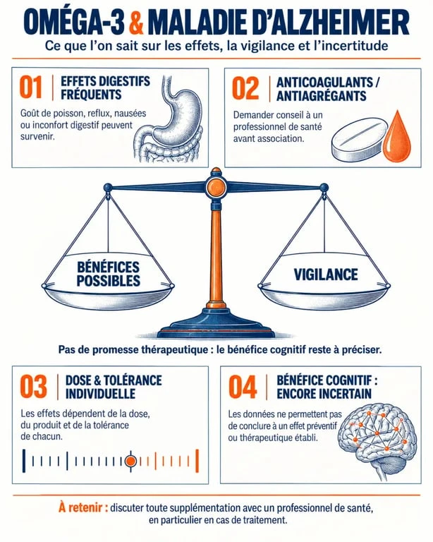 Infographie sur les effets secondaires des oméga 3 et la maladie d’Alzheimer, avec risques digestifs, interactions et bénéfices incertains