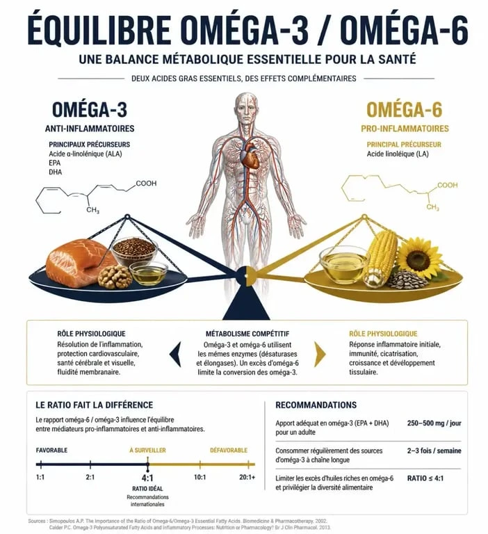 Infographie sur l'équilibre des acides gras oméga 3 et 6 dans l'organisme