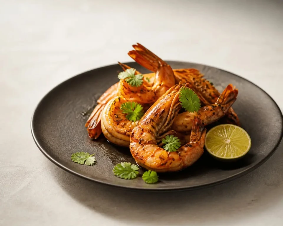 Marinades gambas : gambas grillées au citron vert, ail et herbes, dressées sur assiette sombre