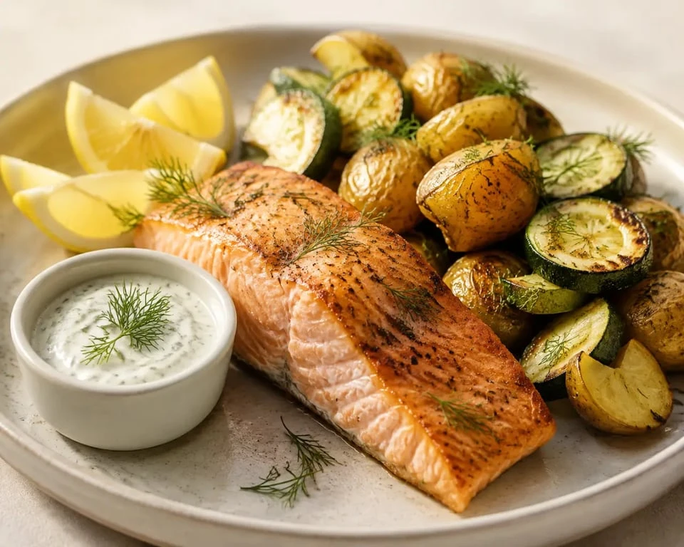 Saumon au four accompagné de pommes de terre grenaille, courgettes rôties et sauce yaourt-aneth