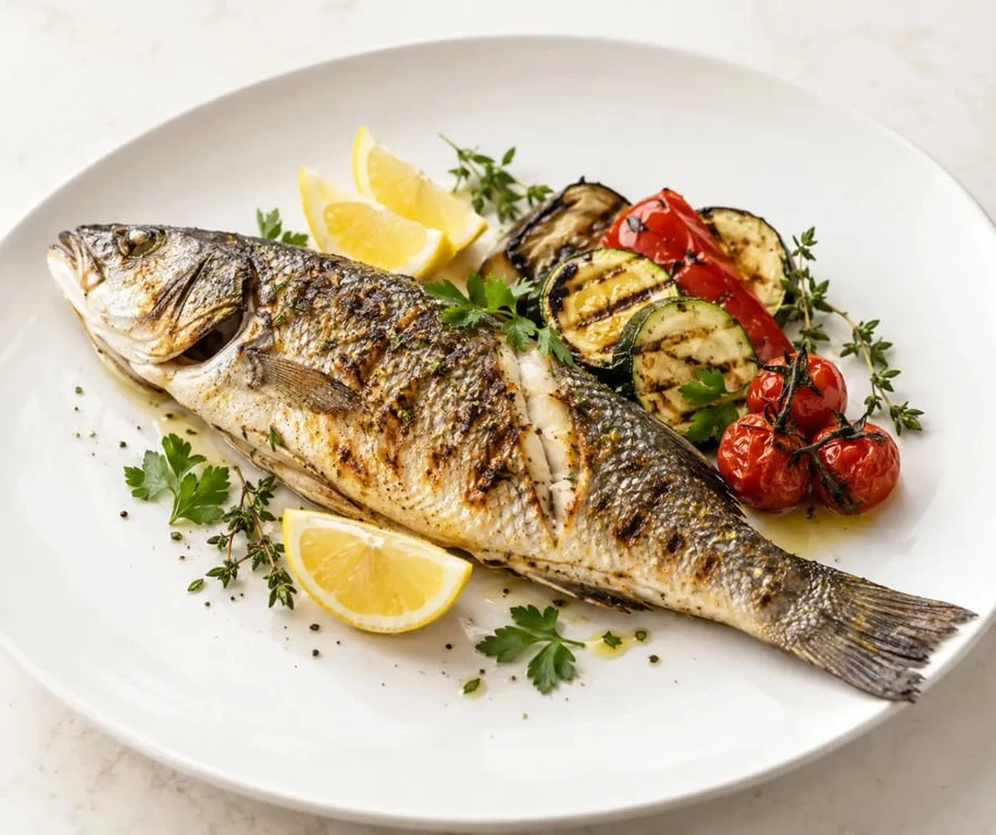 Bar au bbq entier grillé avec citron et légumes méditerranéens