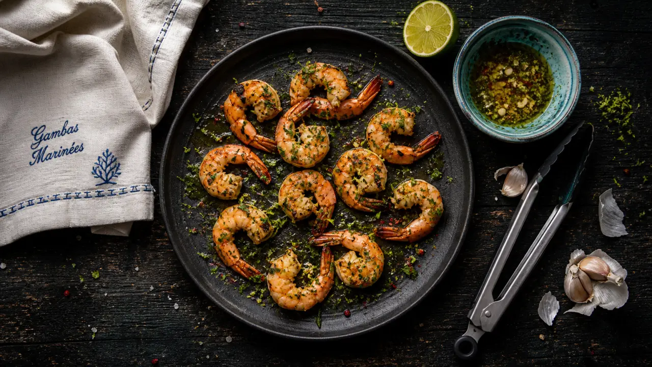 Marinades gambas au citron vert et huile d’olive, gambas grillées rapides