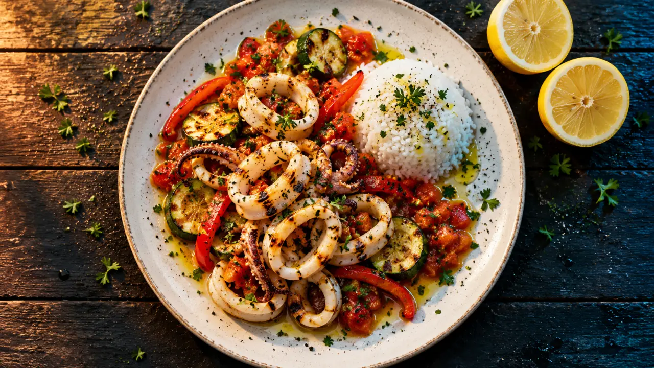 Accompagnement encornets avec légumes croquants et riz nature