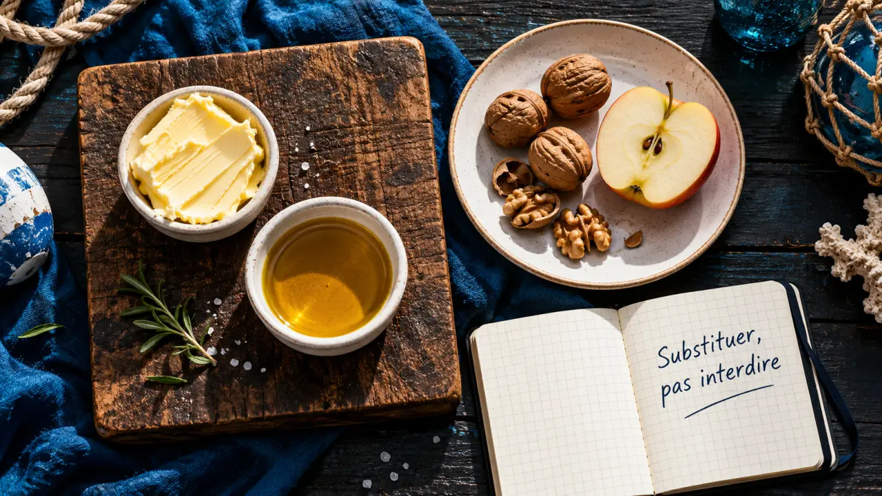 Acide gras sature et insature : beurre et huile d’olive sur table bois