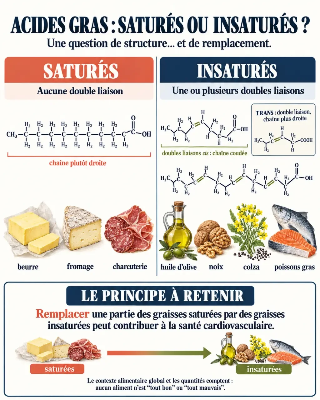 Infographie comparative sur les acides gras saturés et insaturés, leurs structures, sources alimentaires et effets cardiovasculaires