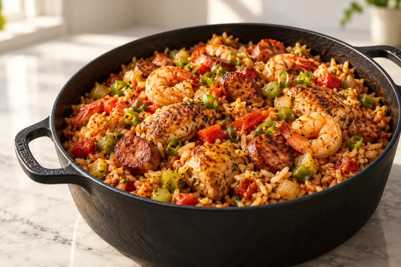 Vrai jambalaya créole au poulet, à la saucisse fumée et aux crevettes