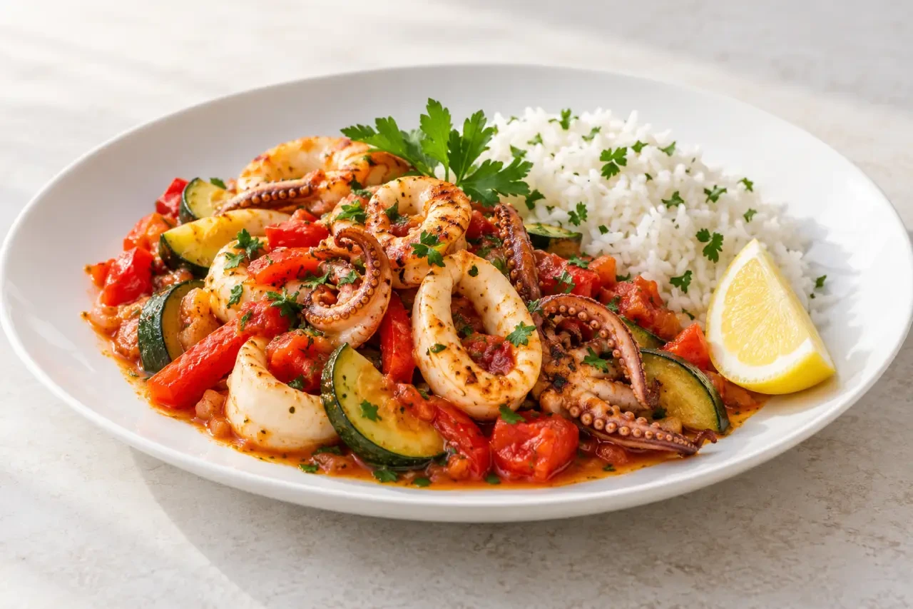 Accompagnement encornets aux poivrons, courgettes, tomates et riz