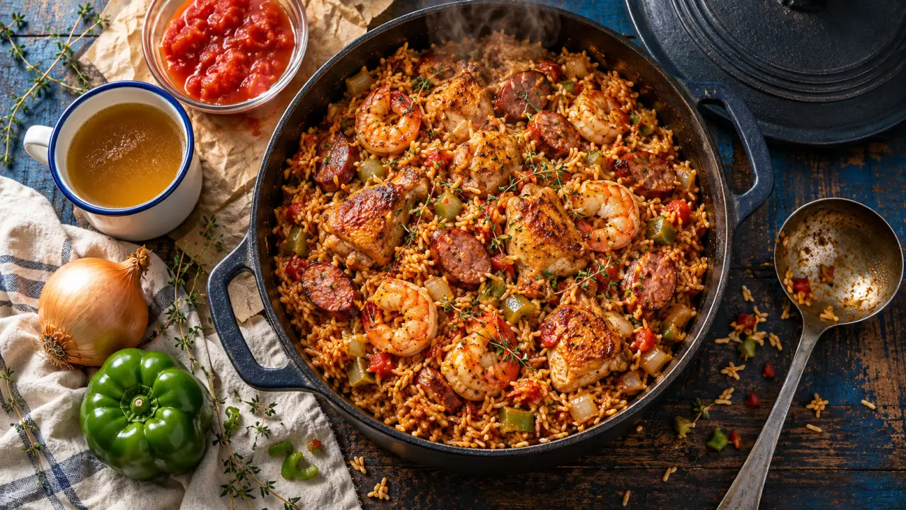 Vrai jambalaya rouge créole en cocotte en fonte, vue du dessus